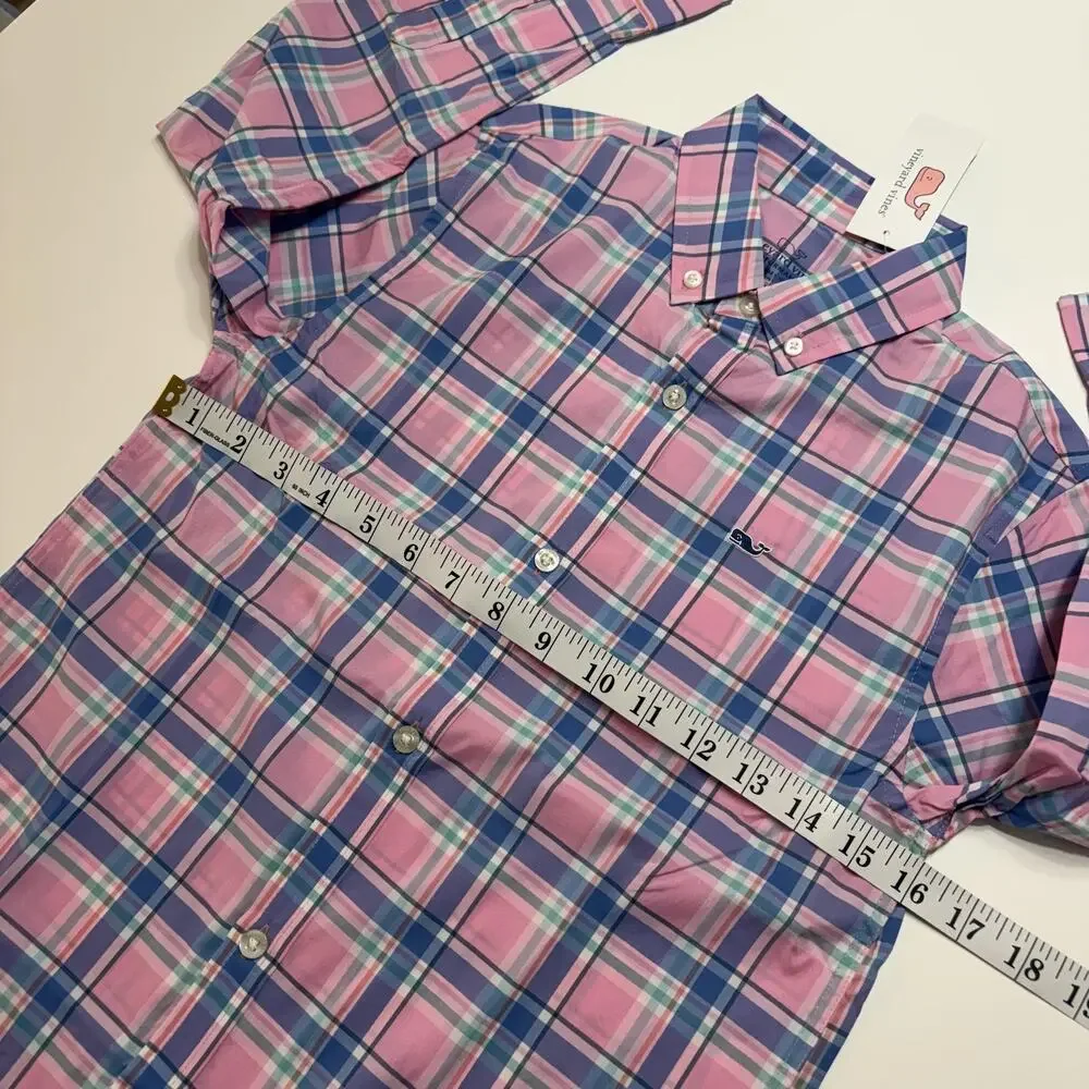 Vineyard Vines Shirt Boys Small 8-10 Pink Plaid Performance Whale Button Down